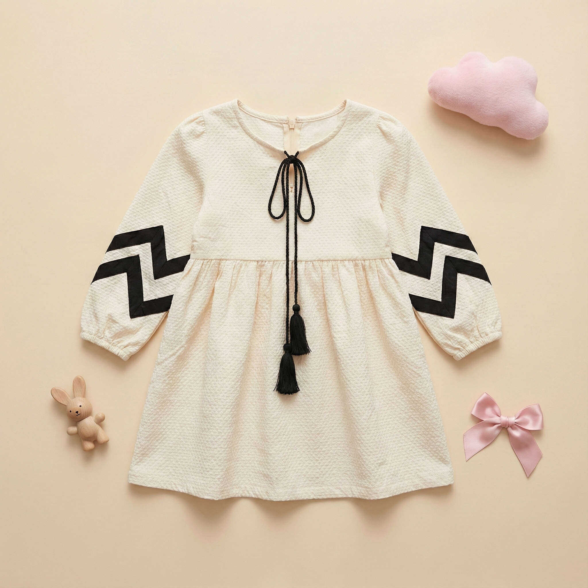 ✨ Chic Chevron Cream Dress for Girls 🤍🖤